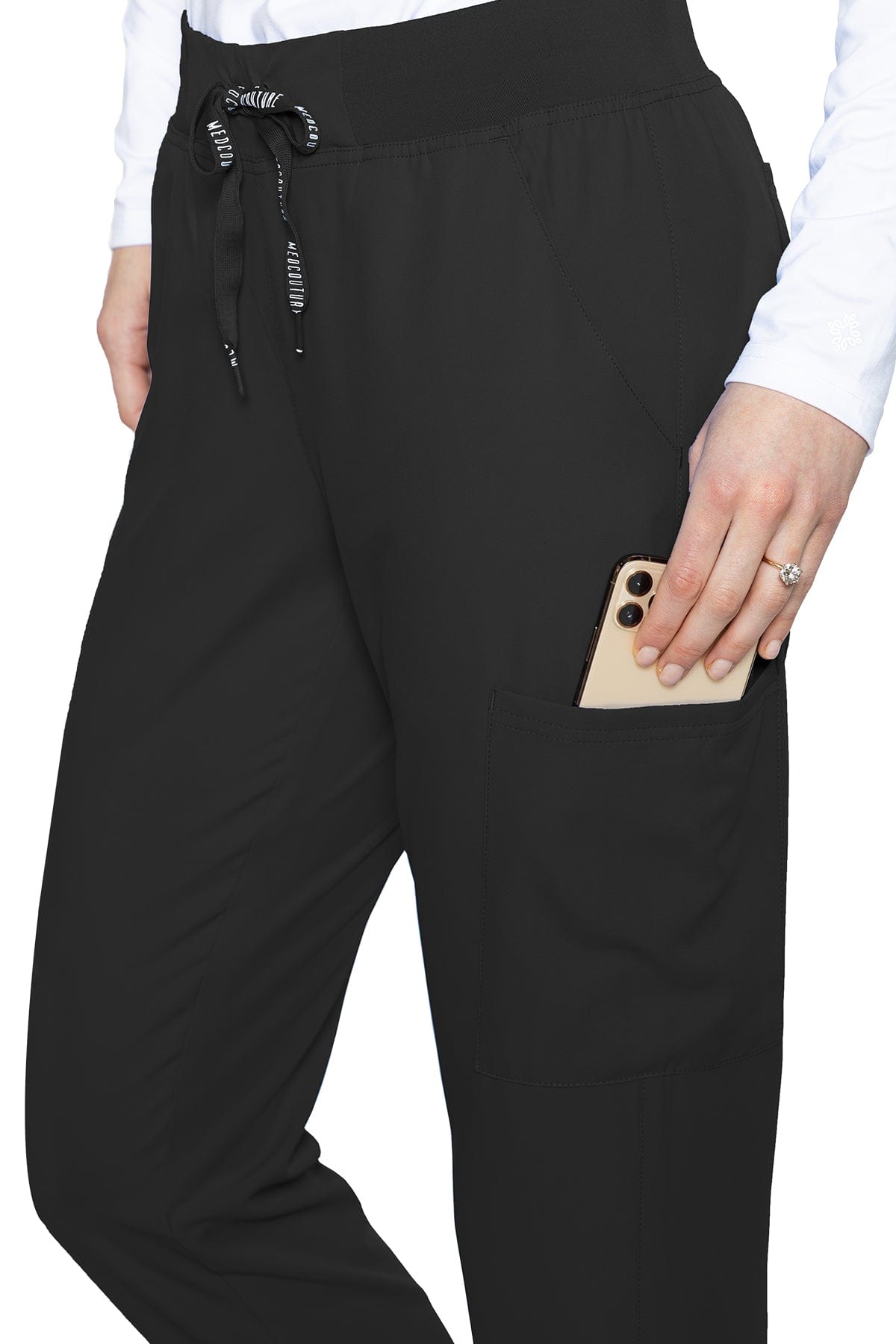 MedCouture Insight 2711 scrub pant in black from Coulee Scrubs.  Front view side pocket. 