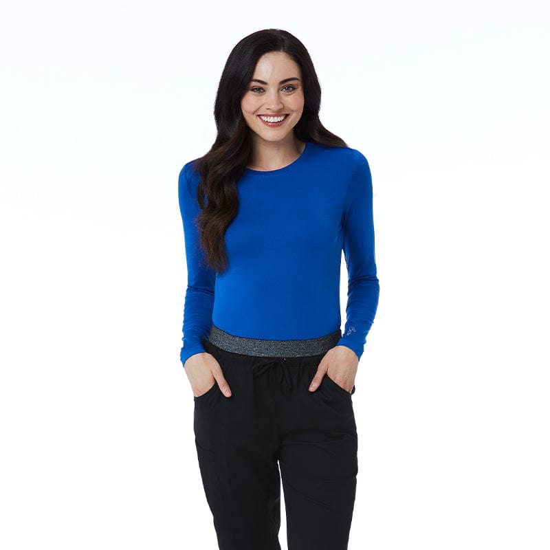 Maevn Bestee under scrub top in royal blue from Coulee Scrubs is super soft!